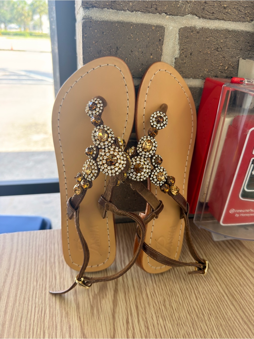 Pasha & Jo Taupe Jeweled Thong Sandals with Amber Crystals - Picture 4 of 6